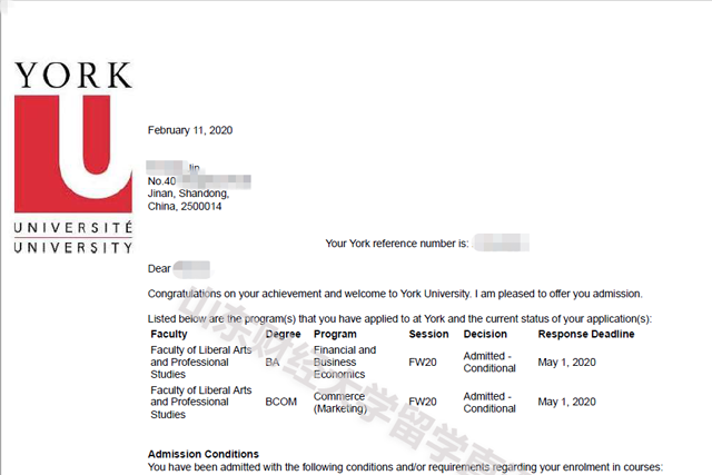 2019级金同学约克大学录取通知书